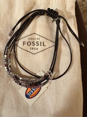 Fossil Black Multi-Strand Leather Bracelet with Metallic Beads